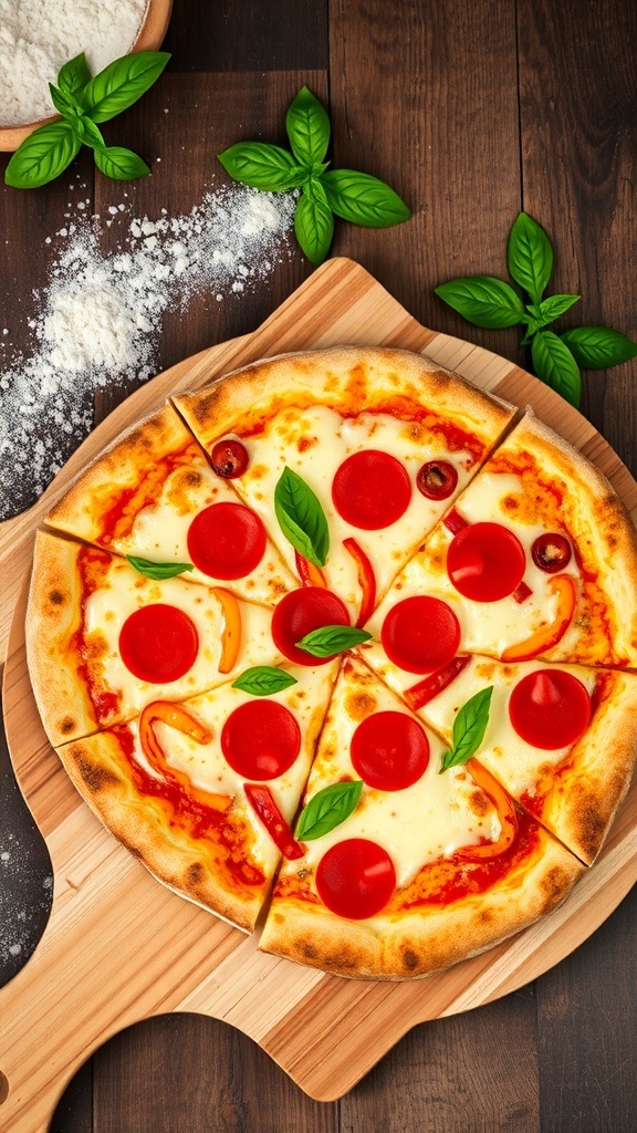 Easy Pizza Dough Recipe for Bread Machine A delicious homemade pizza with pepperoni and bell peppers on a wooden cutting board.